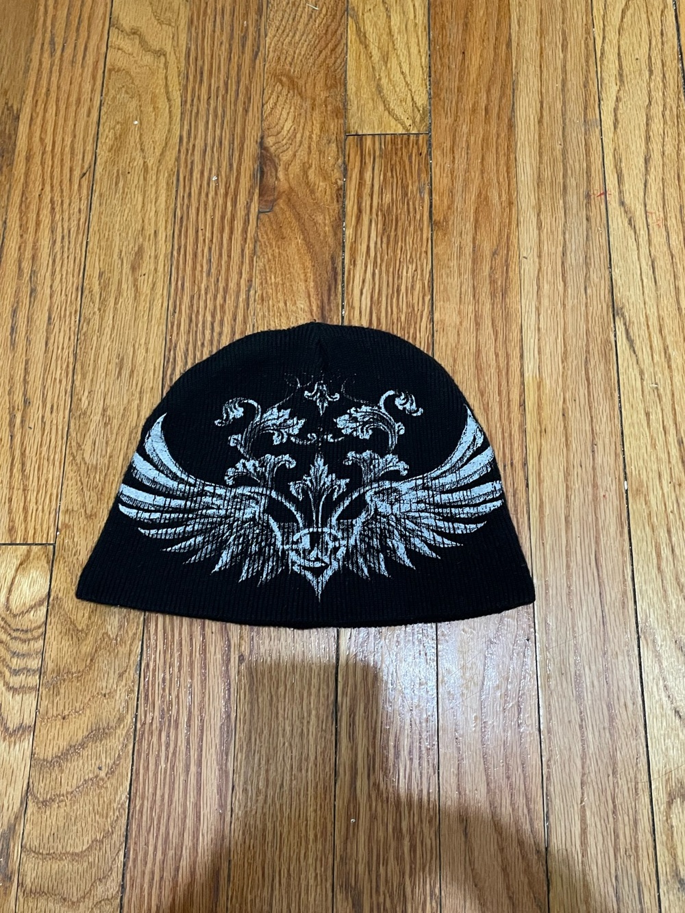 Black Knit Beanie with Silver Wing Crest